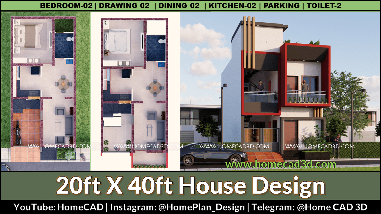 20x40 House Plan with 2 Bedrooms | Two Story House - Home CAD 3D