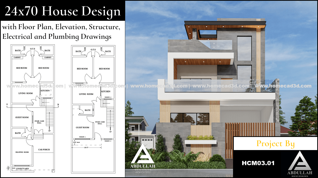 24X70 House With Floor Plan Elevation Section And 3d Home CAD 3D