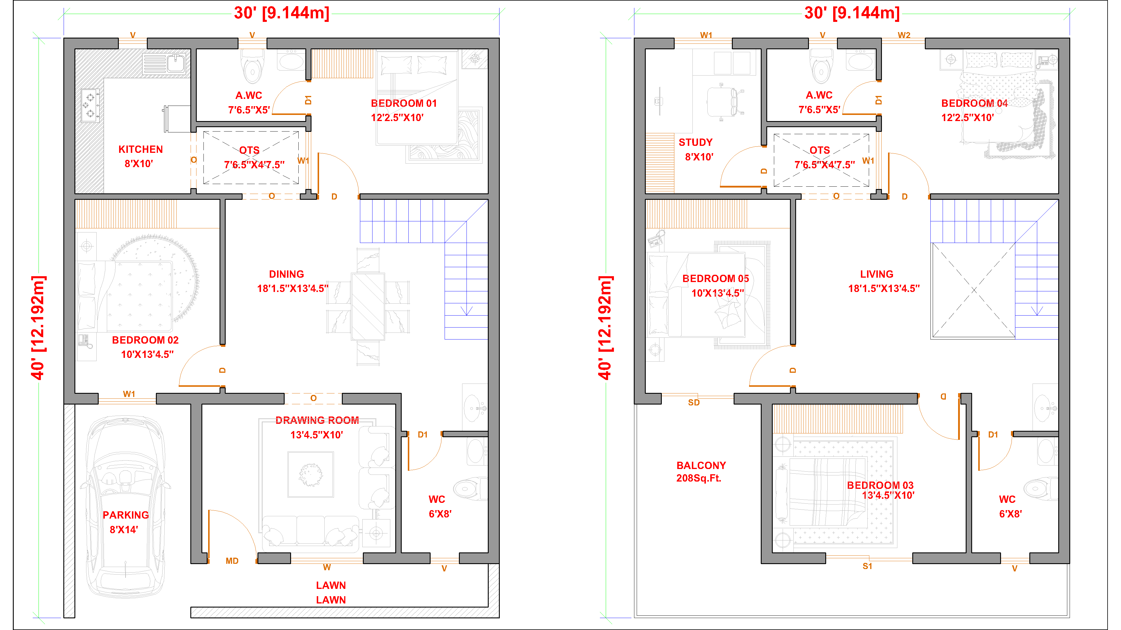 30x40 Floor Plan 5Bhk Duplex Home Plan North Facing Home CAD 3D