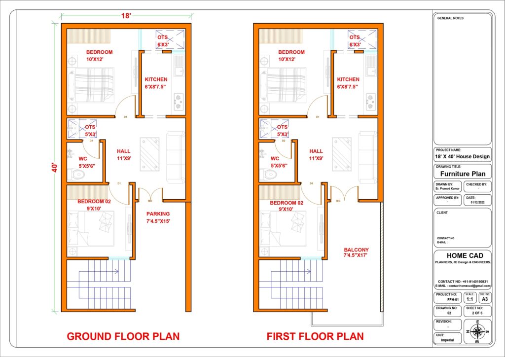 18X40 House Plan West Facing 720SqFt Two Story House Home CAD 3D